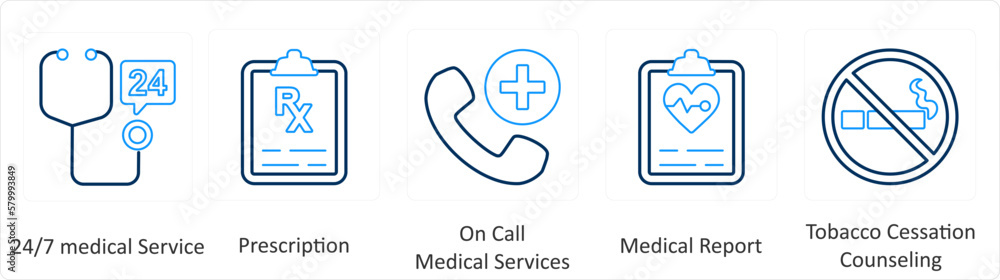 A set of 6 Medical icons as 24x7 medical service, prescription, on call medical services A set of 6 Medical icons as 24x7 medical service, prescription, on call medical services