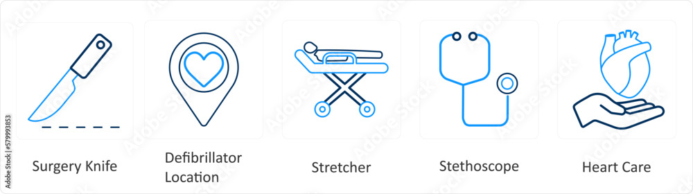 A set of 6 Medical icons as surgery knife, defibrillator location, stretcher A set of 6 Medical icons as surgery knife, defibrillator location, stretcher
