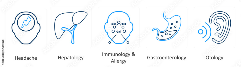 A set of 6 Medical icons as headache, hepatology, immunology and allergy A set of 6 Medical icons as headache, hepatology, immunology and allergy