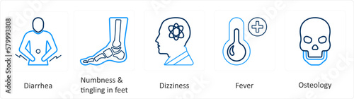 A set of 6 Medical icons as diarrhea, numbness and tingling in feet, dizziness
