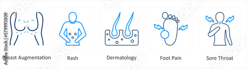 A set of 6 Medical icons as breast augmentation, rash, dermatology