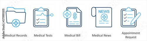 A set of 6 Medical icons as medical records, medical tests, medical bill