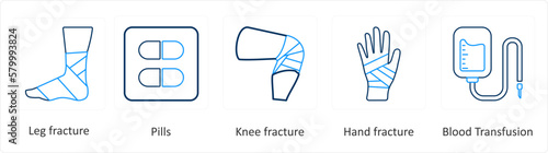 A set of 6 Medical icons as leg fracture, pills, knee fracture