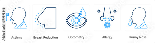 A set of 6 Medical icons as asthma, breast reduction, optometry