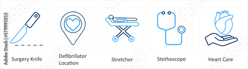 A set of 6 Medical icons as surgery knife, defibrillator location, stretcher
