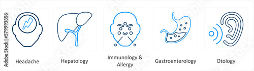 A set of 6 Medical icons as headache, hepatology, immunology and allergy