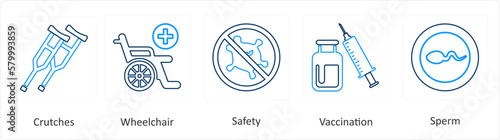 A set of 6 Medical icons as crutches, wheel chair, safety