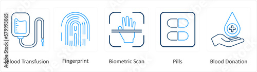 A set of 6 Medical icons as blood transfusion, fingerprint, biometric scan