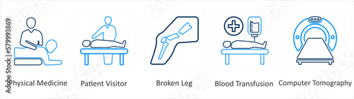 A set of 6 Medical icons as physical medicine, patient visitor, broken leg