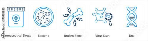 A set of 6 Medical icons as pharmaceutical drugs, bacteria, broken bone