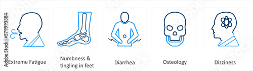 A set of 6 Medical icons as extreme fatigue, numbness and tingling in feet