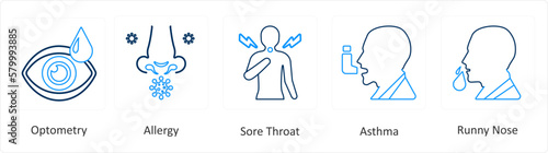 A set of 6 Medical icons as optometry, allergy, sore throat