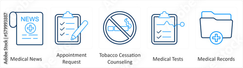 A set of 6 Medical icons as medical news, appointment request, tobacco cessation counselling