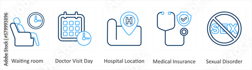 A set of 6 Medical icons as waiting room, doctor visit day, hospital location