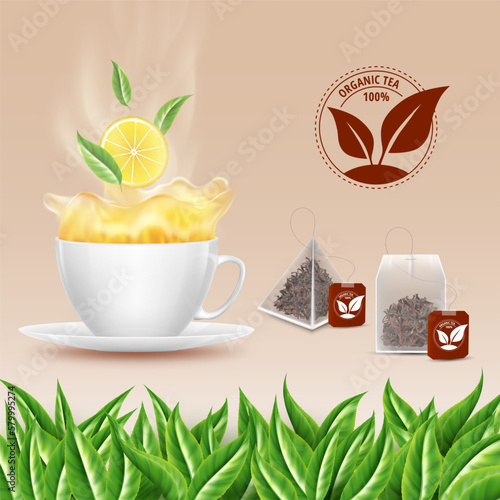 Green tea. Chinese nature aromatic drink. Ceramic cup. Hot beverage. Background with leaf or lemon piece. Product logo. Mug on saucer. Herb bags with tags. Vector realistic elements set