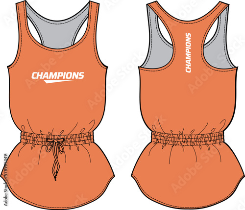 Women Cinched waist Sleeveless Tank top Sports t-shirt Jersey design flat sketch fashion Illustration suitable for girls, racer back Vest for Volleyball jersey, netball, badminton, tennis sports kit
