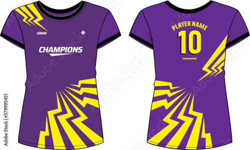 Women Sport Jersey t-shirt design flat sketch Illustration, Thunderbolt pattern Round neck t shirt for girls and Ladies Volleyball jersey, Football, badminton, Soccer and netball, Sport uniform kit