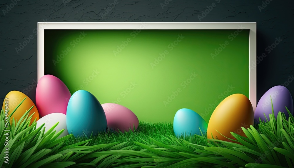 Easter eggs in grass with a frame for copy space, green background Easter social media post, generative ai Easter eggs in grass with a frame for copy space, green background Easter social media post, generative ai