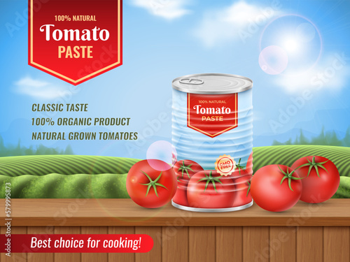 Tin tomato can, chicha sauce, red vegetables. Ad with field and blue sky, food or juice label, fresh nature fruits, fresh ingredients. Product presentation poster. Vector advertising template