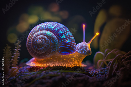 Mystical glowing colorful snail. Isolated on blurred background. Stunning birds and animals in nature travel or wildlife photography made with Generative AI