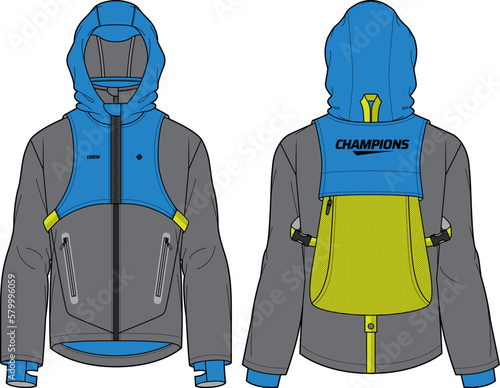 Long sleeve tech shell jacket with detachable hoodie design flat sketch Illustration, Hooded jacket with back pack front and back view, winter jacket for Men and women. free runner outerwear