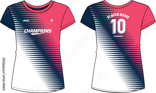 Women Sport Jersey t-shirt design flat sketch Illustration, Abstract pattern Round neck t shirt for girls and Ladies Volleyball jersey, Football, badminton, Soccer and netball, Sport uniform kit