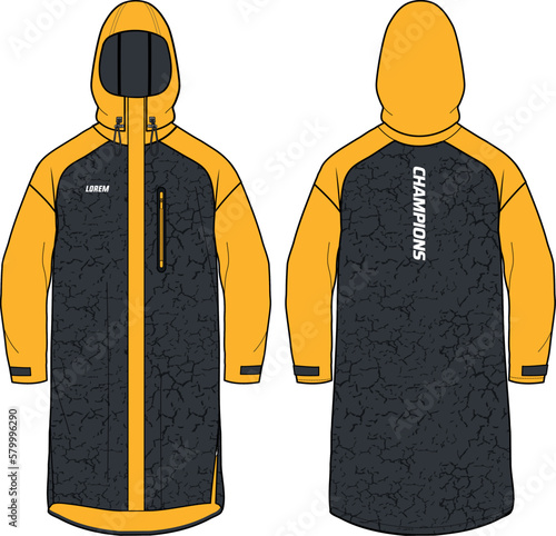 Long sleeve all condition coat Hoodie jacket design flat sketch Illustration, Hooded utility rain coat with front and back view, winter coat for Men and women for outerwear and long weather jacket