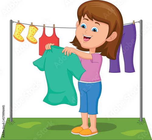 cute girl drying clothes cartoon