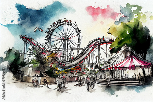Fair with roller coasters. Amusement park drawing with bit of watercolour.