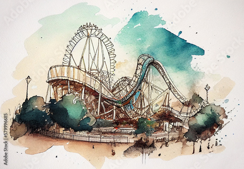 Fair with roller coasters. Amusement park drawing with bit of watercolour.