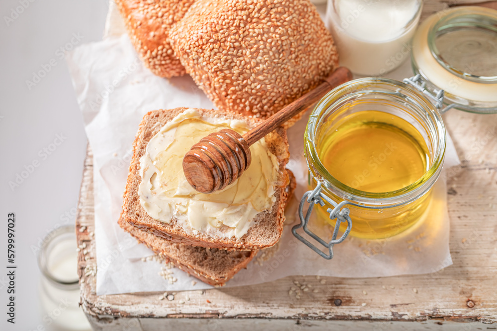 Healthy buns with honey in the morning in farm. Healthy buns with honey in the morning in farm.