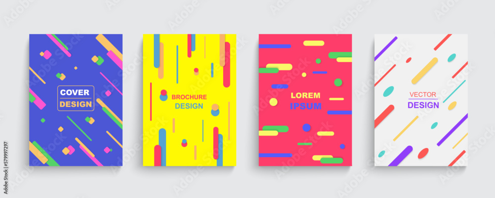Geometric graphic posters, music patterns set. Minimal colorful dots and lines in dynamic motion, book or notebook cover, brand card, creative catalog or flyer. Vector background template