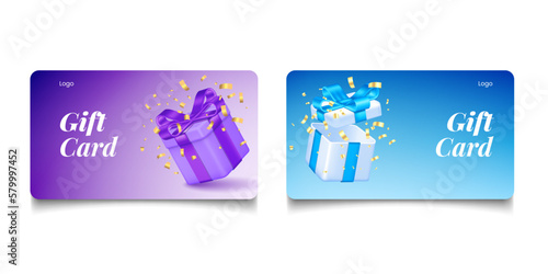 3D bonus. Reward card. Modern gift coupon. Present box and confetti. Customer loyalty. Special offer. Store promotion. Discount voucher cartoon design. Vector realistic promo flyers set