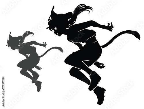 A young teenage girl with an epic pose jumps hanging in the air, she is a parkourist in a cap, sneakers and a T-shirt, she has cat ears and a tail. 2d anime art