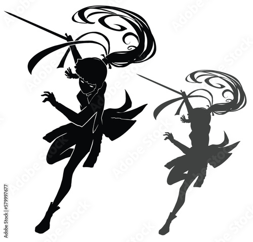 A black silhouette with a beautiful girl in an elegant fighting pose with a katana, she makes a circular cut in the air. She is dressed in a combat eastern brond, she has long hair and a ribbon 2d art