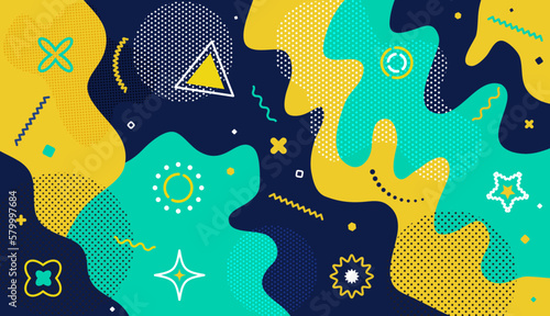 Spotty splash background. Pop graphic. 80s or 90s wallpaper. Fun pattern ornaments. Child school geometry. Dotted and color shapes. Minimal geometric figures. Vector abstract backdrop