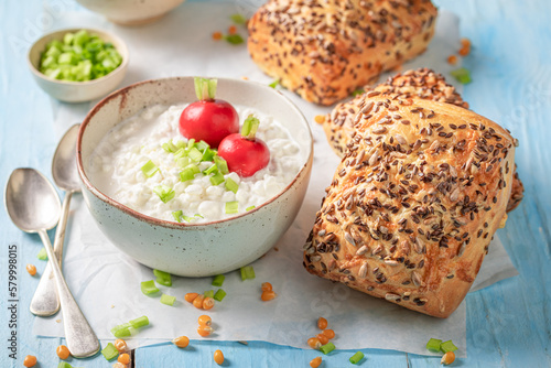 Delicious and healthy corn bun with cottage cheese and chive.