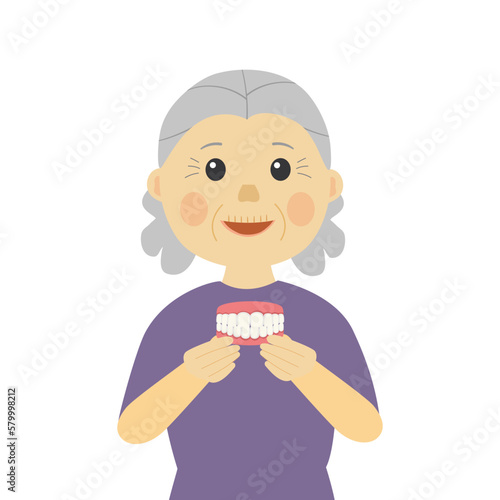 Senior woman holding false teeth in flat design on white background.