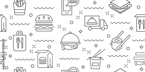 Food delivery pattern. truck, hamburger and line sushi, order background. Speed restaurant business, packaging time, transportation service. Decor wrapping paper. Vector seamless texture