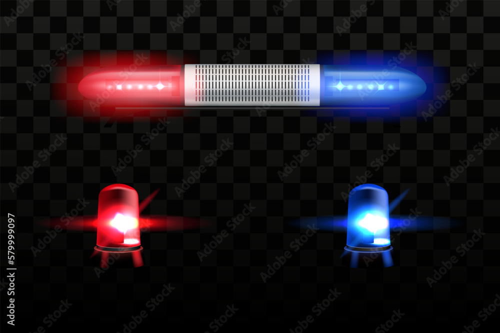 3D alarm lights. Traffic sirens. Ambulance or police lamps. Red and blue emergency beacon flash. Cop car lantern with reflection. Dark transparent background. Vector realistic objects set - obrazy, fototapety, plakaty 