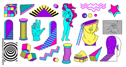 Cool sculpture stickers, statue elements. Crazy funny artwork, trippy and surreal pop art, fun collage, contemporary artwork, antique Greek elements. Vector bright abstract illustration
