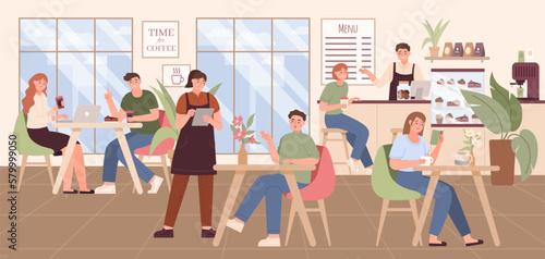 Barista works in coffee cafe, people drink. Persons with laptop computer on table, coffeehouse flat style isolated characters. Man and woman, barista and seller. Vector illustration