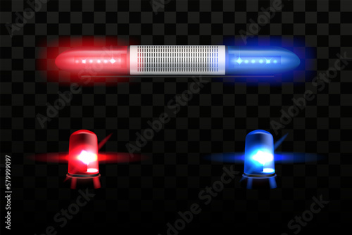 3D alarm lights. Traffic sirens. Ambulance or police lamps. Red and blue emergency beacon flash. Cop car lantern with reflection. Dark transparent background. Vector realistic objects set