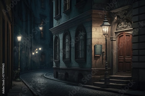 Street in the old town on dark background. Generative AI © Kanisorn