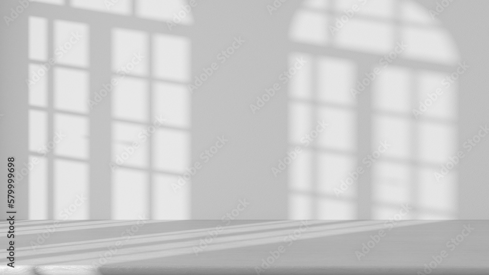 Total white project draft, wooden table with white white stucco wall background with window light beam and shadow. Product presentation mock up. Empty interior design concept Total white project draft, wooden table with white white stucco wall background with window light beam and shadow. Product presentation mock up. Empty interior design concept