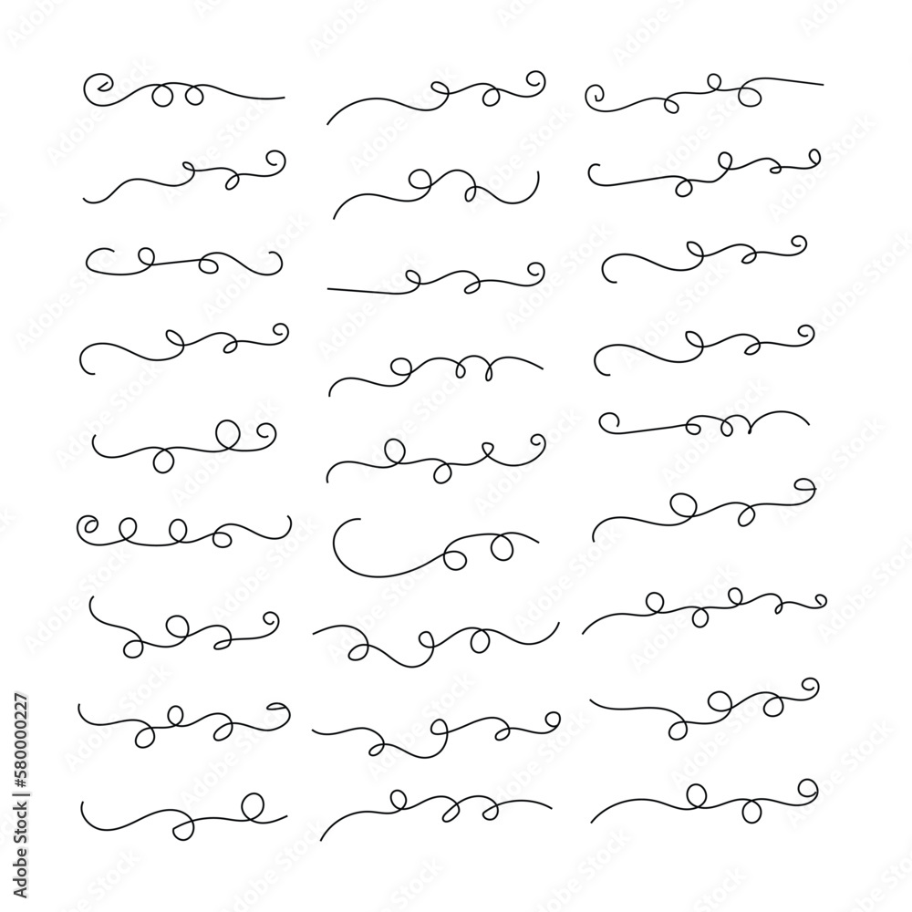 Obraz premium set of Hand drawn calligraphy font style Decorative Elements Text Ornaments curly thin line swings swashes Flourishes Swirls text divider flourish doodle vector illustration by poster, banner