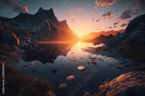 Beautiful on the lake surrounded by mountains generative AI © AlexandraDaryl