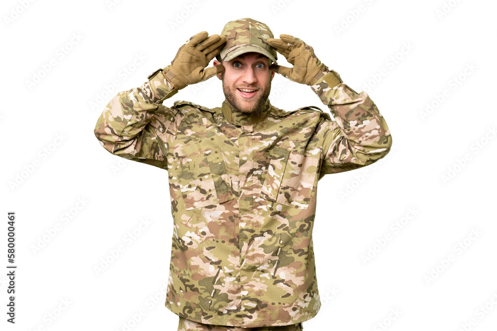 Military man over isolated chroma key background with surprise expression Military man over isolated chroma key background with surprise expression