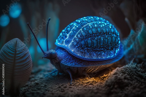 Mystical glowing blue snail or another animal on the land. Isolated on blurred background. Stunning birds and animals in nature travel or wildlife photography made with Generative AI
