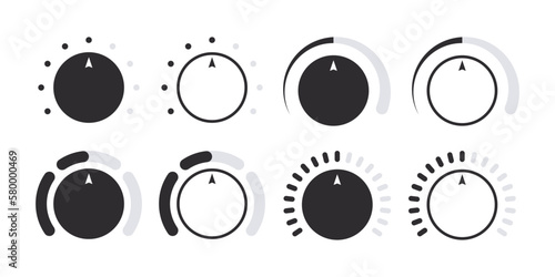 Rotary dials. Volume level handle, rotary dials with round scale and round controller. Vector illustration photo